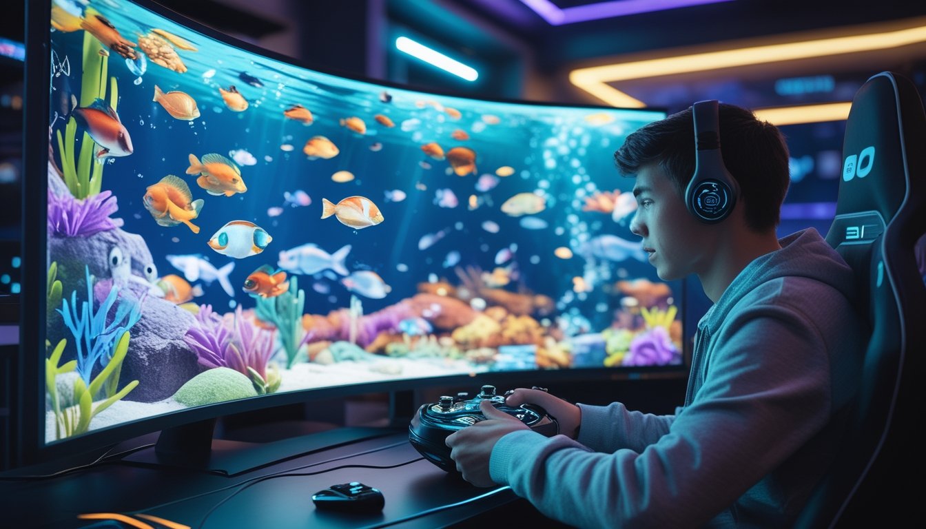 Seorang gamer muda sedang bermain game tembak ikan online di depan monitor besar dengan grafik ikan berwarna-warni di layar.