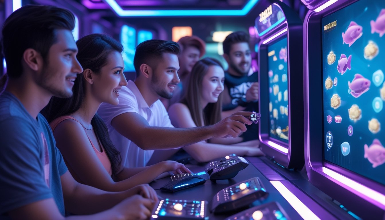 Sekelompok orang muda sedang asyik bermain game tembak ikan online di ruang permainan modern dengan layar digital besar.