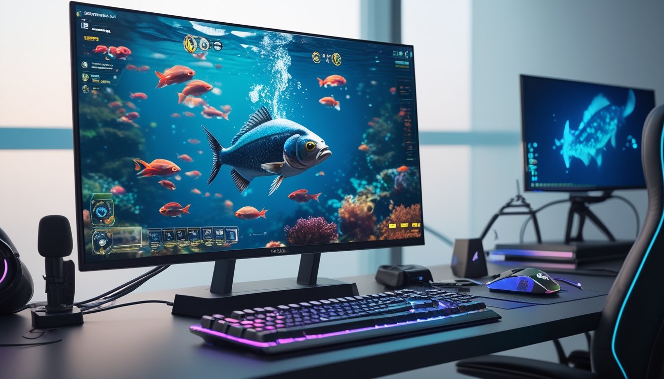 Sebuah setup gaming modern dengan monitor menampilkan permainan menembak ikan dengan grafik realistis dan berbagai ikan berwarna-warni di bawah laut.