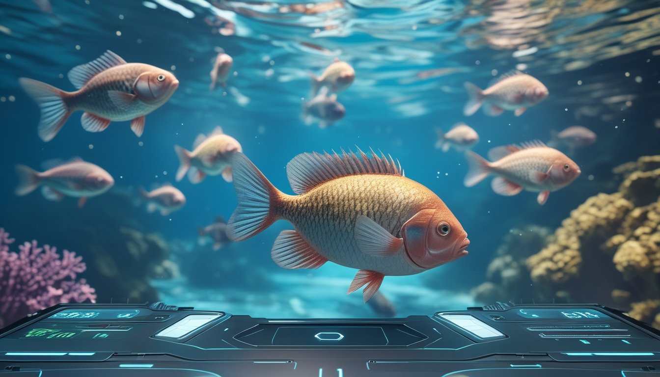 Pemandangan bawah laut dengan ikan-ikan berwarna-warni dan antarmuka permainan modern yang menampilkan elemen grafis canggih.