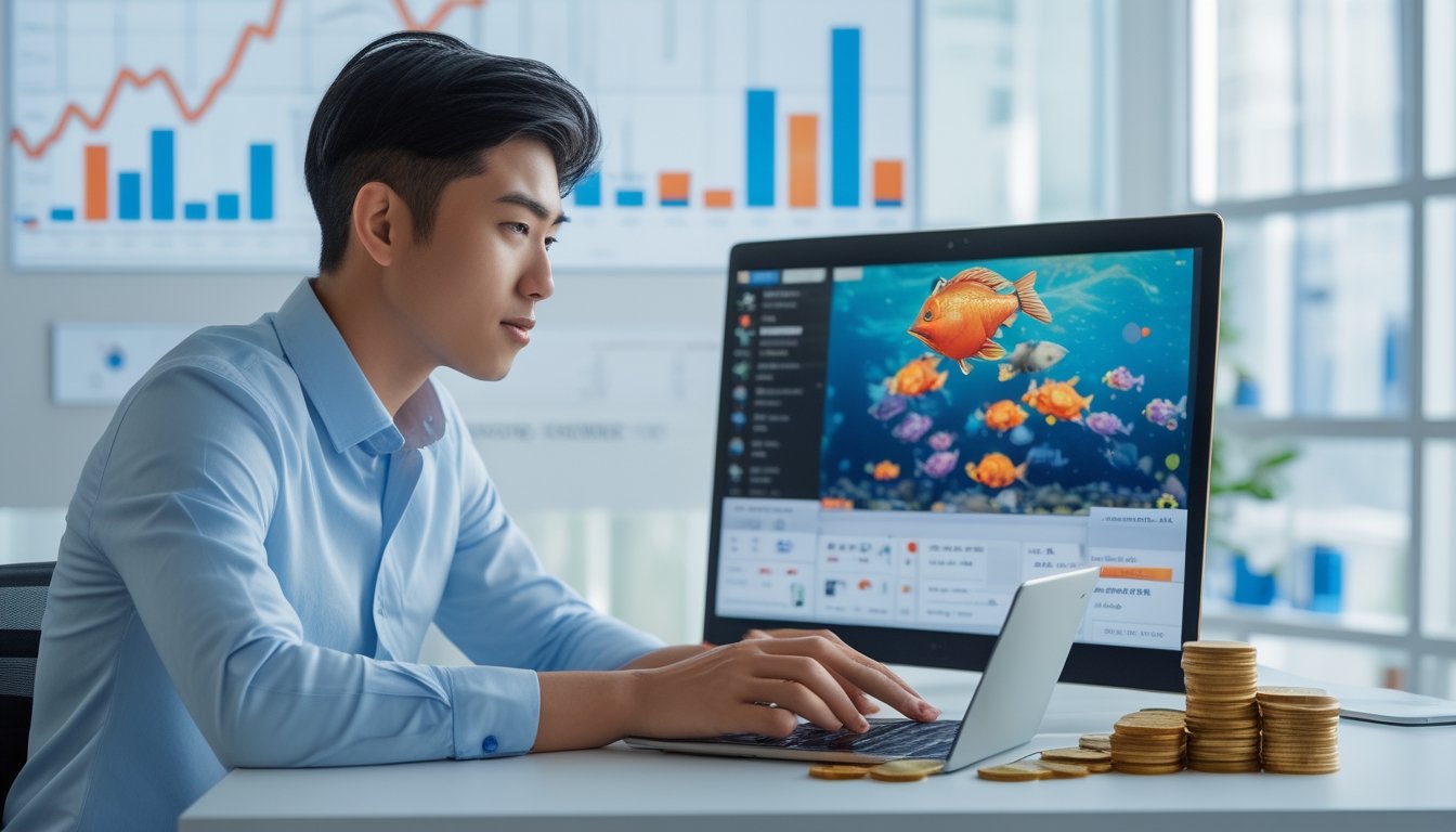 Seorang pria muda sedang duduk di meja dengan laptop dan koin digital, fokus mengelola modal koin untuk bermain game tembak ikan.