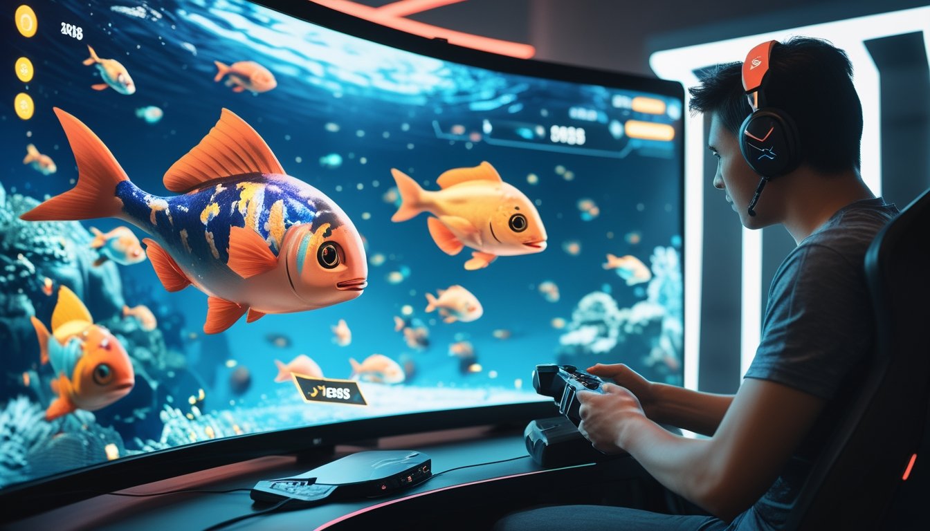 Seorang gamer sedang bermain game tembak ikan dengan layar menampilkan ikan besar di bawah laut futuristik.
