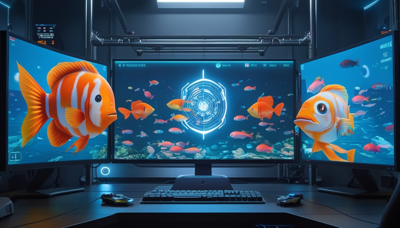 Seorang pemain game sedang bermain game tembak ikan dengan layar menampilkan berbagai ikan berwarna-warni dan ikan boss yang muncul dalam pola tertentu.