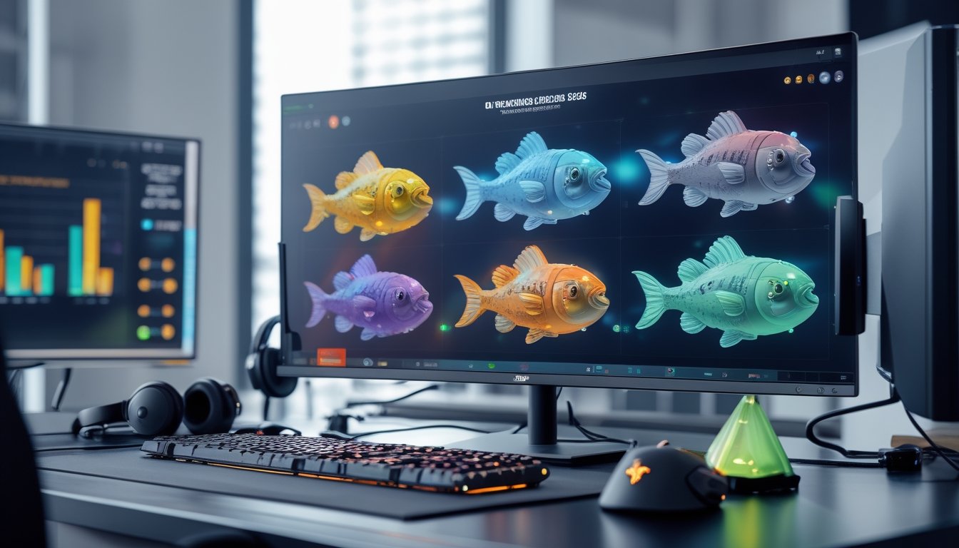 Meja kerja dengan komputer menampilkan model senjata permainan tembak ikan dari berbagai platform, dilengkapi perangkat gaming dan grafik perbandingan fitur.