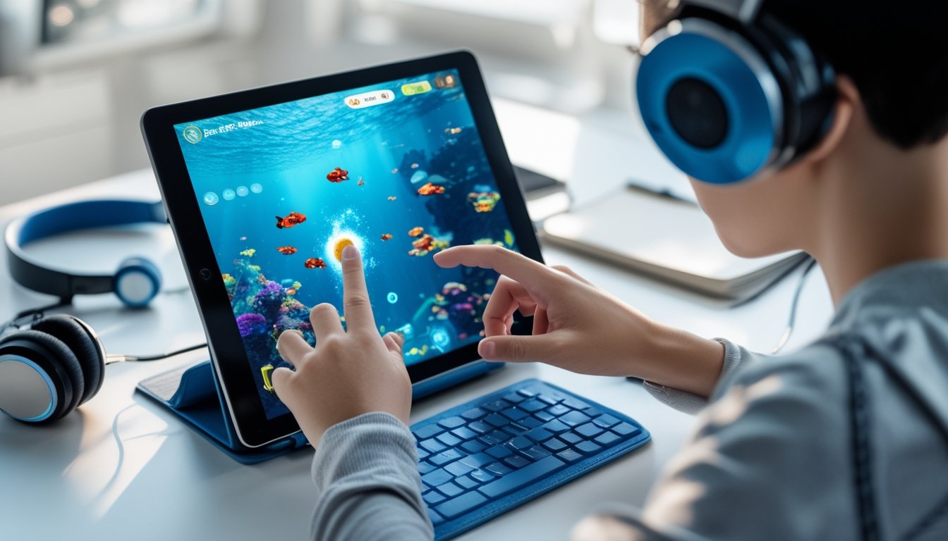 Seseorang sedang bermain game tembak ikan di tablet dengan latar dalam ruangan yang terang.
