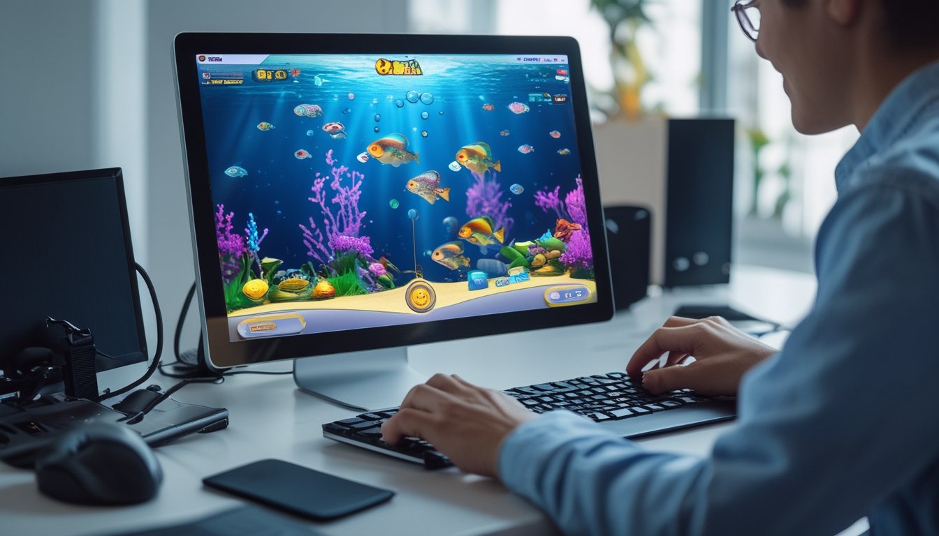 Seorang pemain sedang fokus bermain game tembak ikan di komputer dengan latar belakang grafis ikan berwarna-warni di layar.