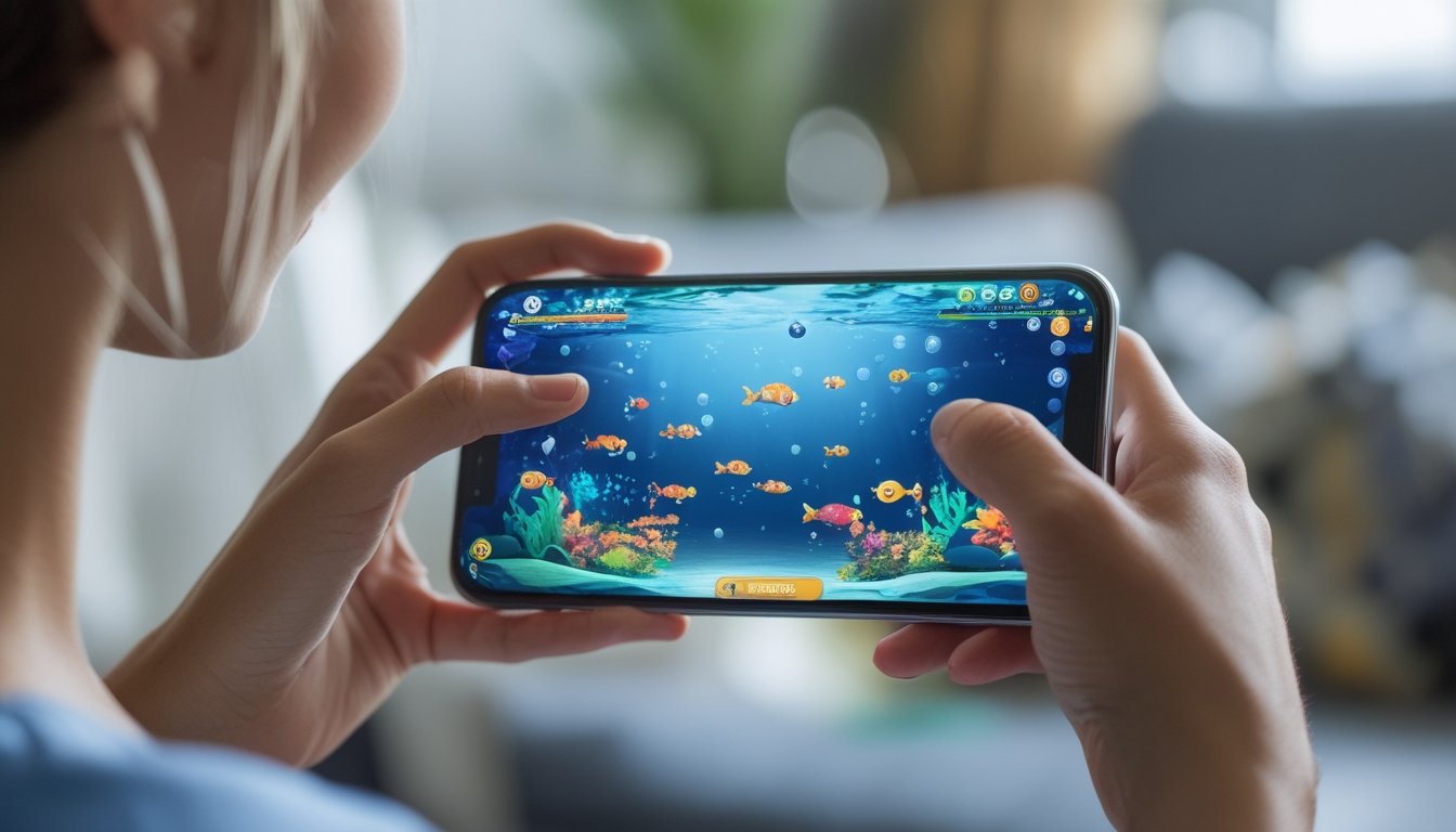 Seseorang memegang smartphone yang menampilkan permainan tembak ikan dengan latar belakang ruangan yang samar.
