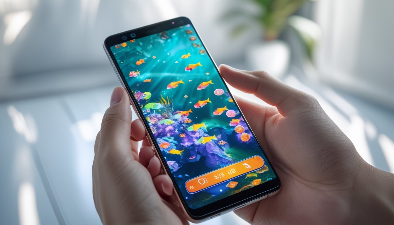 Seseorang memegang smartphone yang menampilkan permainan tembak ikan yang berwarna-warni di layar.