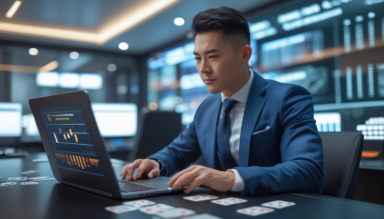 Seorang pria Asia berpakaian rapi duduk di meja kantor modern dengan laptop dan kartu bermain di sekitarnya, fokus pada layar dan suasana kerja yang profesional.