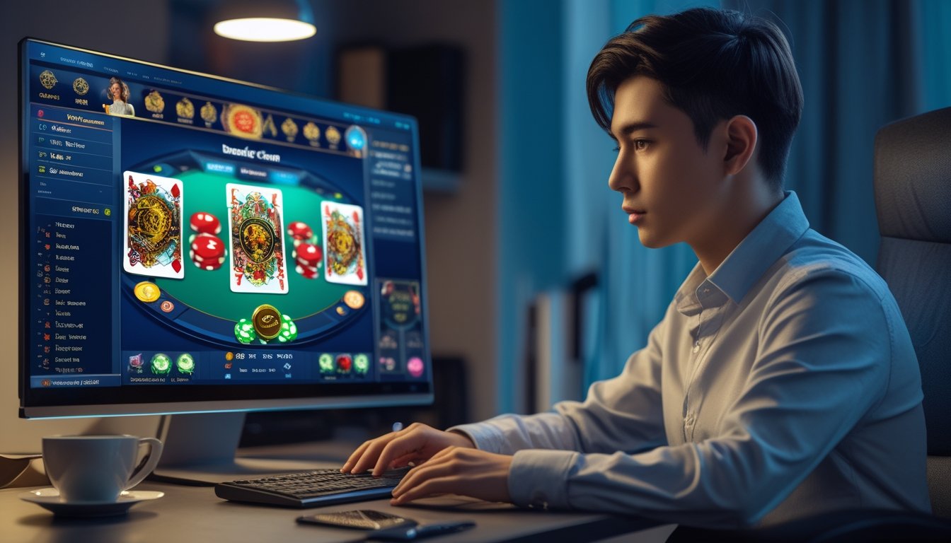 Seseorang duduk di depan komputer dengan tampilan permainan kartu Bandar Ceme online di layar, di ruang kerja yang rapi dan terang.