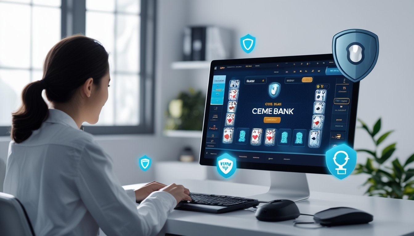 Seseorang sedang bermain permainan kartu Ceme Bank secara online di depan komputer di ruang kerja yang rapi dan terang.