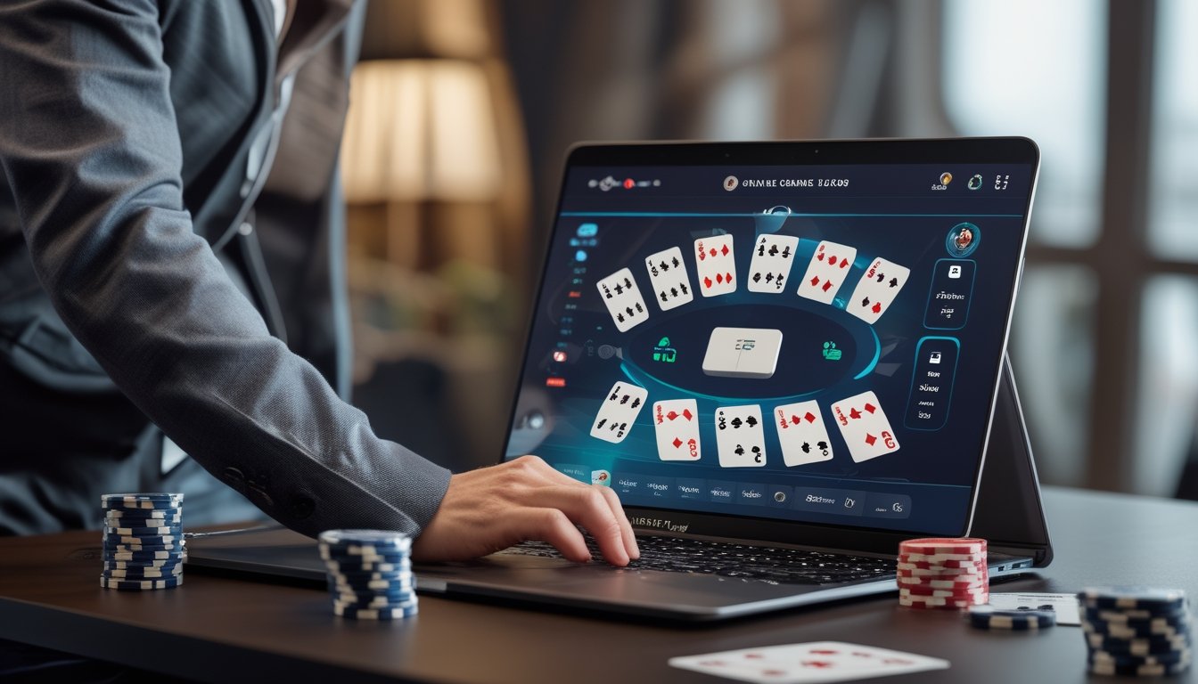 Seseorang menggunakan komputer dengan tampilan permainan kartu online Ceme di layar, dikelilingi oleh chip poker dan kartu bermain.