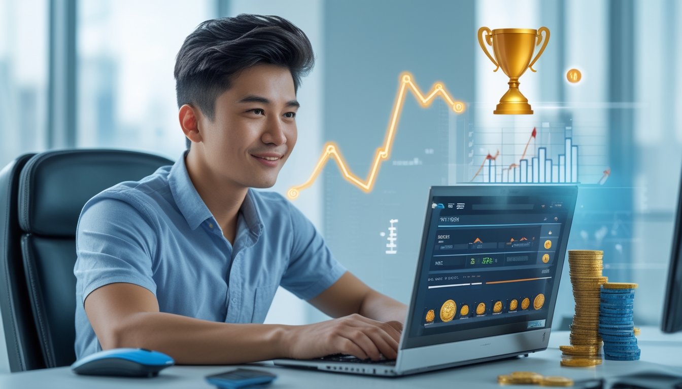 Seorang pria muda Asia duduk di meja kerja dengan laptop yang menampilkan platform taruhan digital, di sekitarnya ada grafik naik dan simbol keberhasilan.
