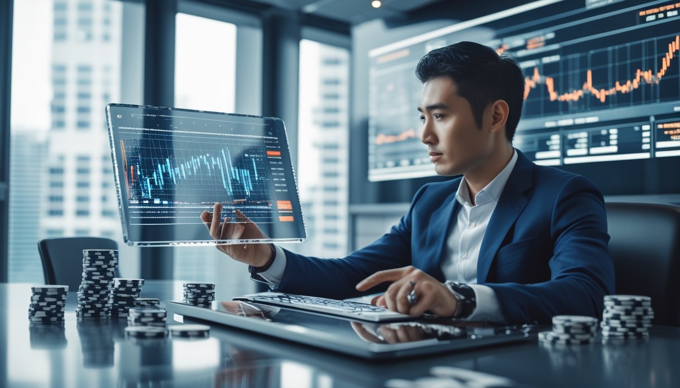 Seorang pria muda duduk di meja kantor dengan perangkat digital dan tumpukan uang serta chip poker, sedang menganalisis data keuangan.