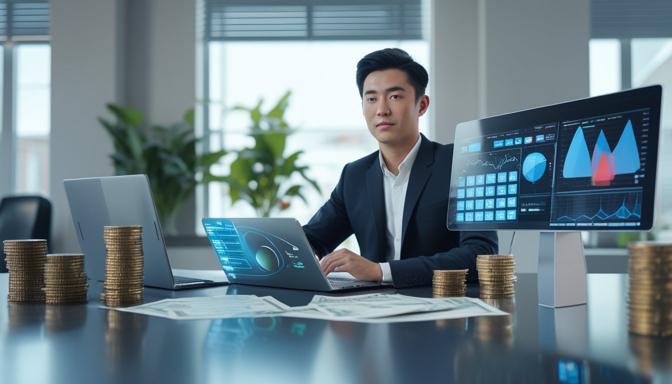 Seorang pria muda duduk di meja kantor dengan perangkat digital dan grafik keuangan, menunjukkan pengelolaan modal yang efektif.
