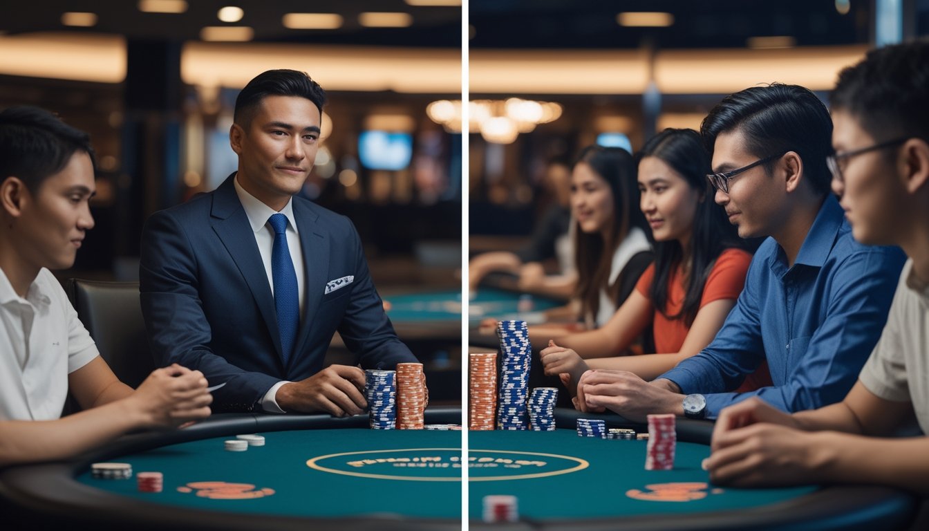 Seorang pria percaya diri duduk di meja kartu dengan tumpukan chip, dikelilingi oleh beberapa pemain biasa yang fokus bermain dalam suasana kasino modern.