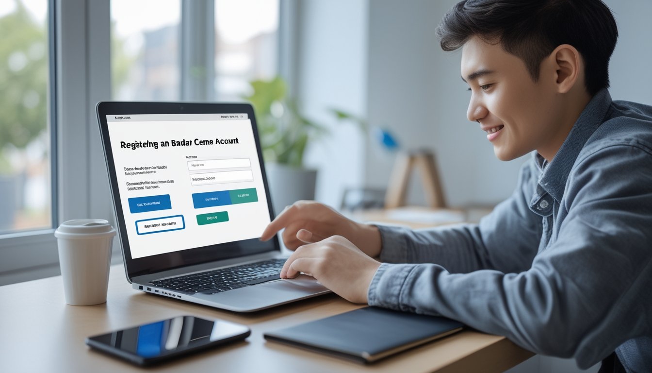 Seseorang sedang mendaftar akun Bandar Ceme online menggunakan laptop di ruang kerja yang terang dan rapi.