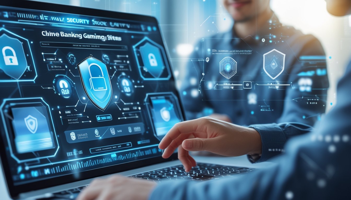 Seseorang menggunakan perangkat layar sentuh transparan dengan ikon keamanan digital futuristik yang menunjukkan sistem keamanan terbaru di situs permainan online.