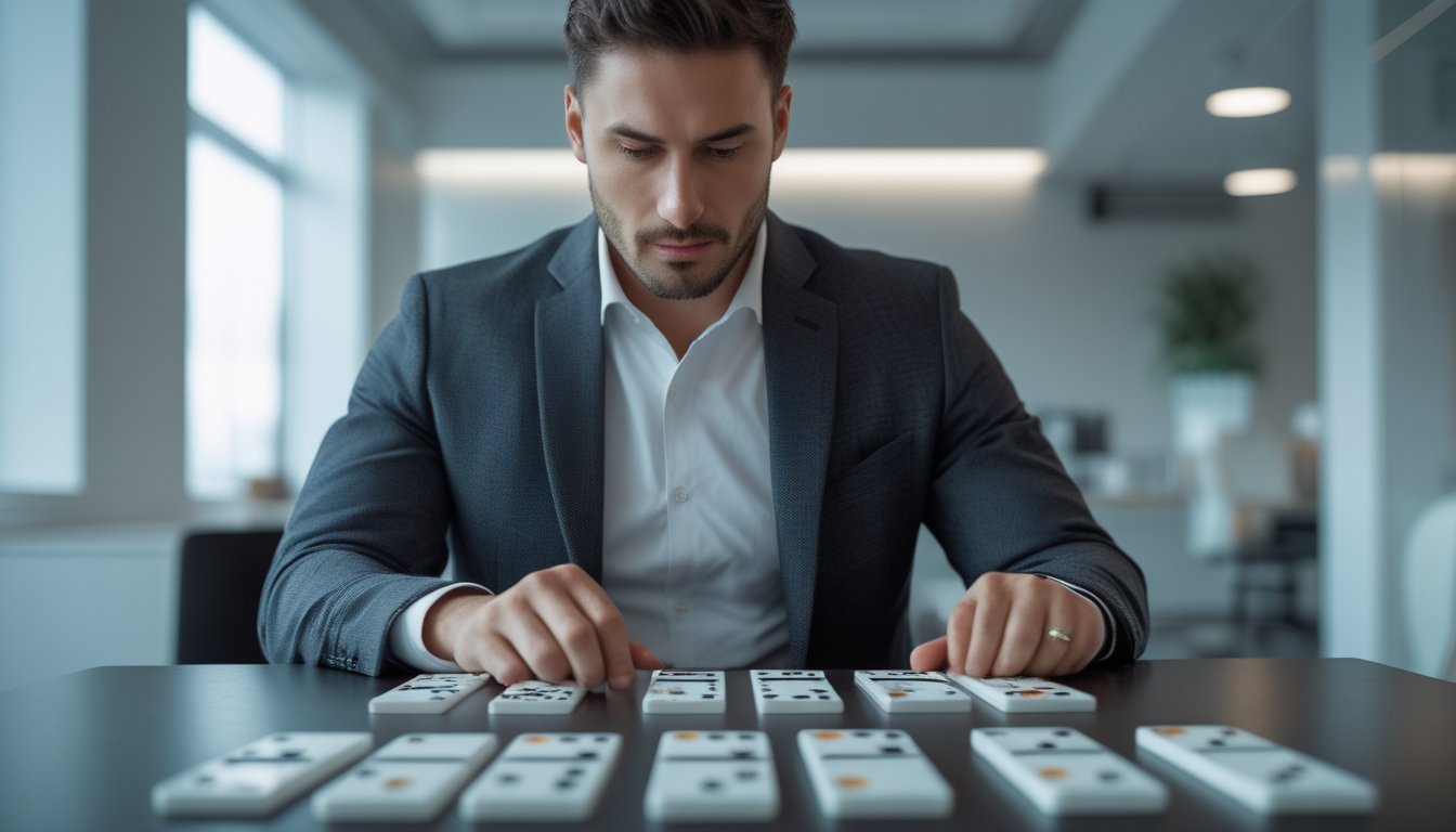 Seorang pria duduk di meja modern sedang memperhatikan pola kartu domino dengan fokus.