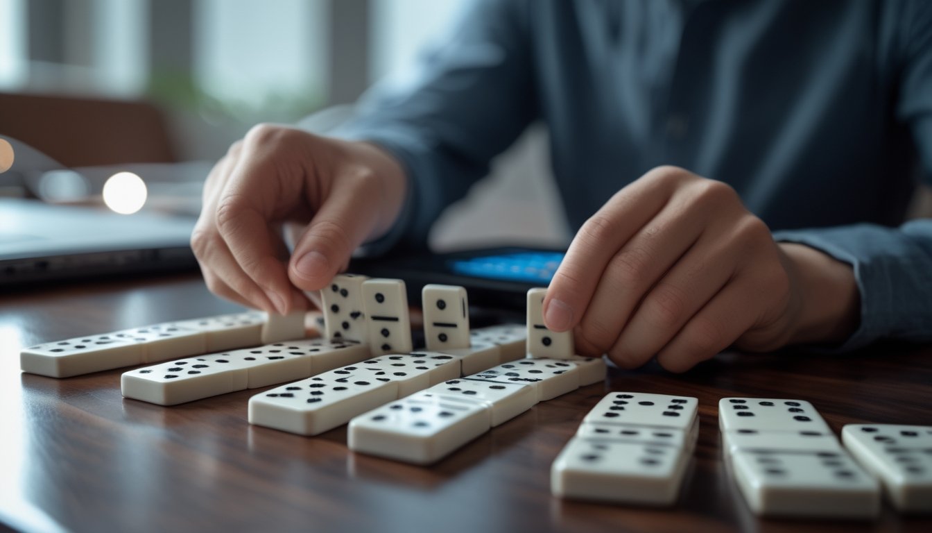 Tangan seseorang sedang mengatur kartu domino di atas meja kayu, menunjukkan fokus dan analisis dalam permainan Ceme.