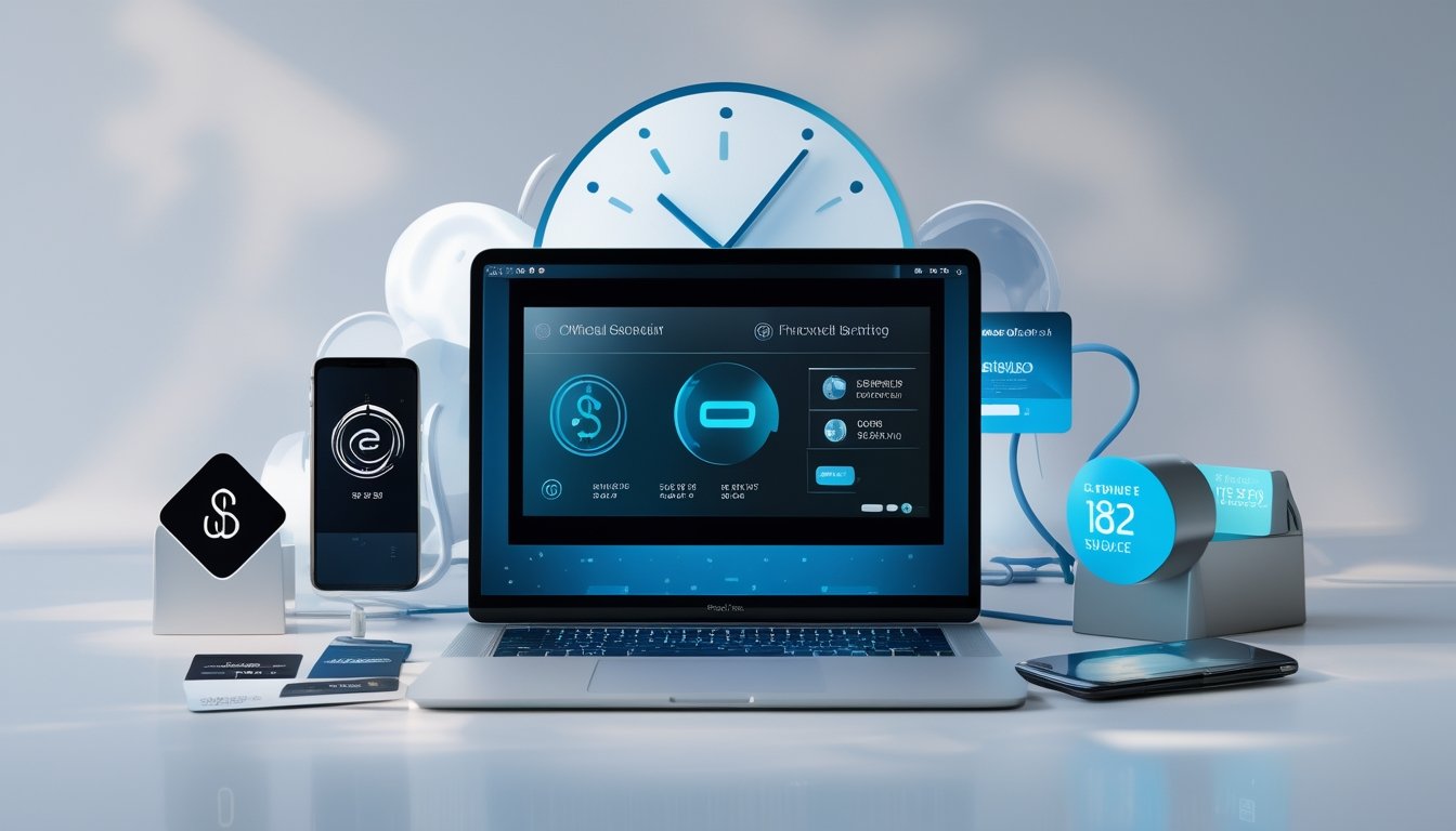 Seorang profesional menggunakan laptop di meja kerja modern dengan layar menampilkan dashboard perbankan digital dan perangkat teknologi keuangan di sekitarnya.