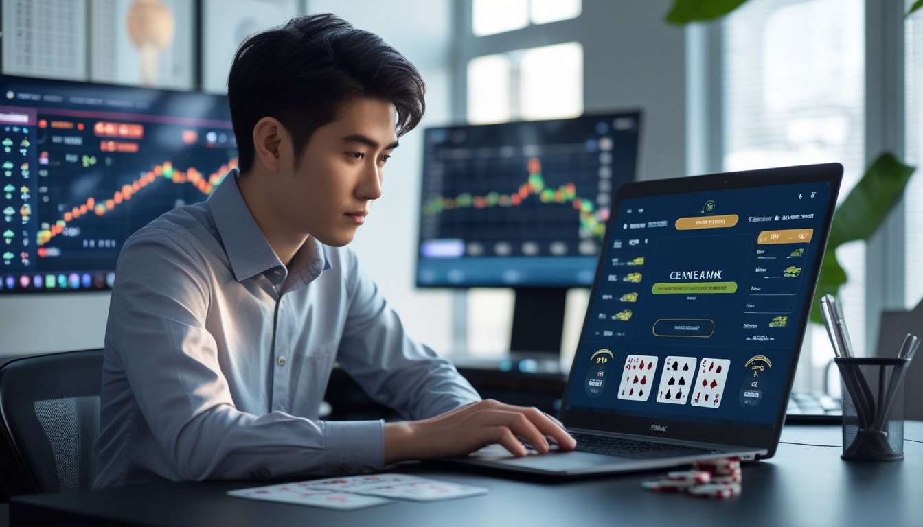 Seorang pria muda fokus bermain permainan kartu online di depan laptop di ruang kerja modern.