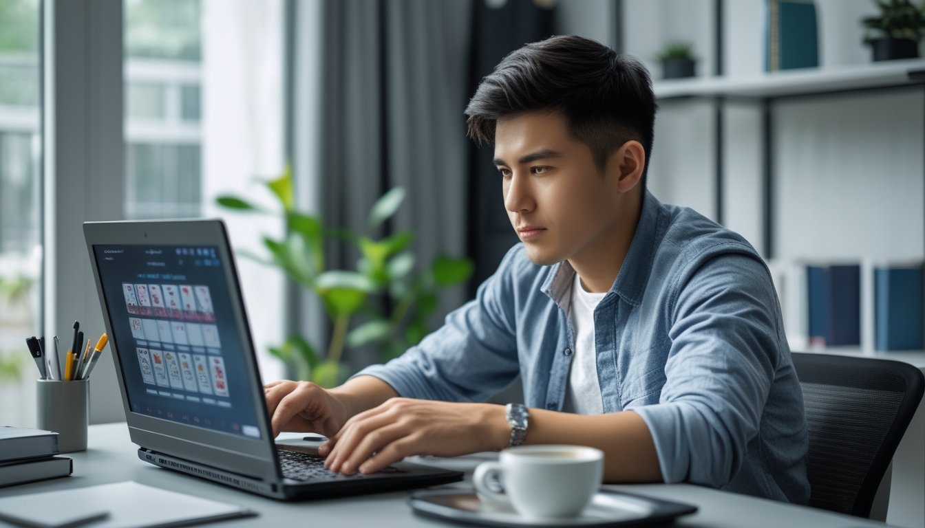 Seorang pria muda duduk di meja dengan laptop, fokus bermain permainan kartu online di ruang kerja yang rapi dan terang.