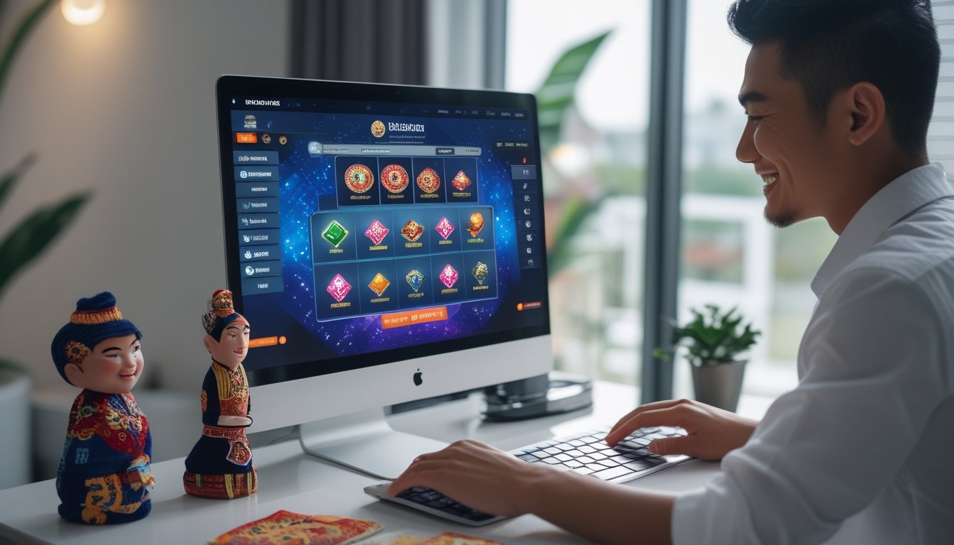 Seseorang sedang menggunakan komputer dengan tampilan situs casino online yang menarik, dikelilingi oleh elemen budaya Indonesia di meja yang rapi.