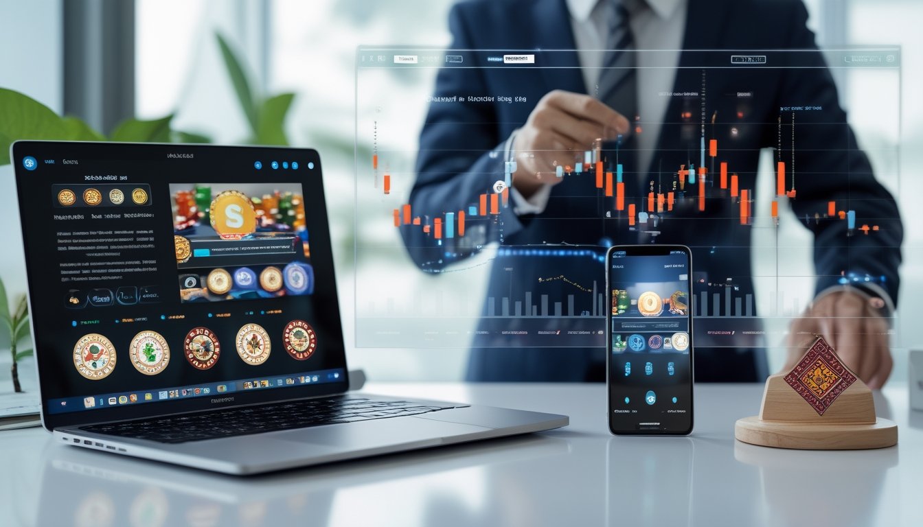 Seorang profesional sedang menggunakan laptop dan ponsel untuk mengakses situs casino online terpercaya dengan latar belakang layar digital yang menampilkan grafik dan simbol keamanan.