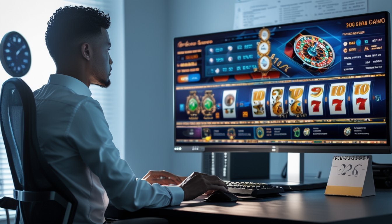 Seorang pemain dewasa yang fokus duduk di depan komputer dengan tampilan permainan kasino online dan elemen strategi di sekitarnya.