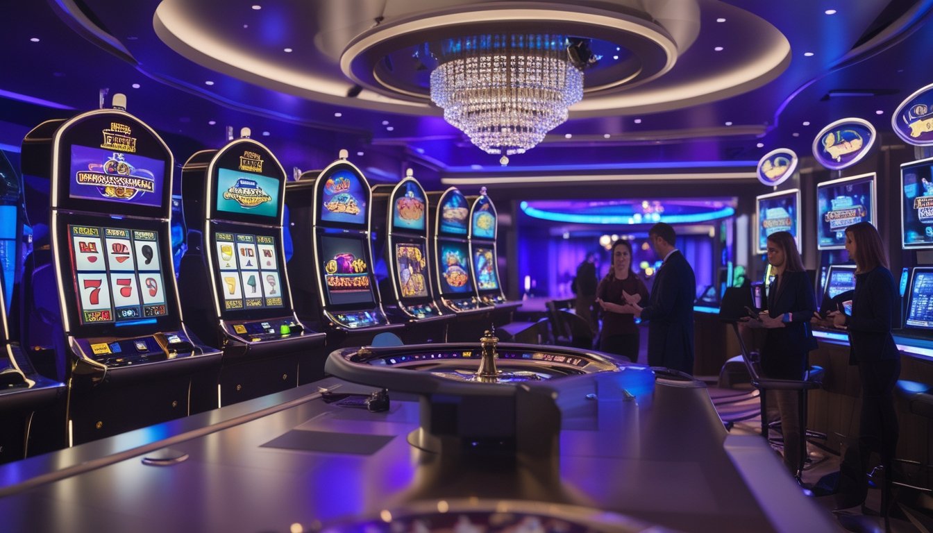 Suasana kasino modern dengan mesin slot digital, meja poker, dan roda roulette yang sedang dimainkan oleh beberapa orang menggunakan perangkat elektronik.