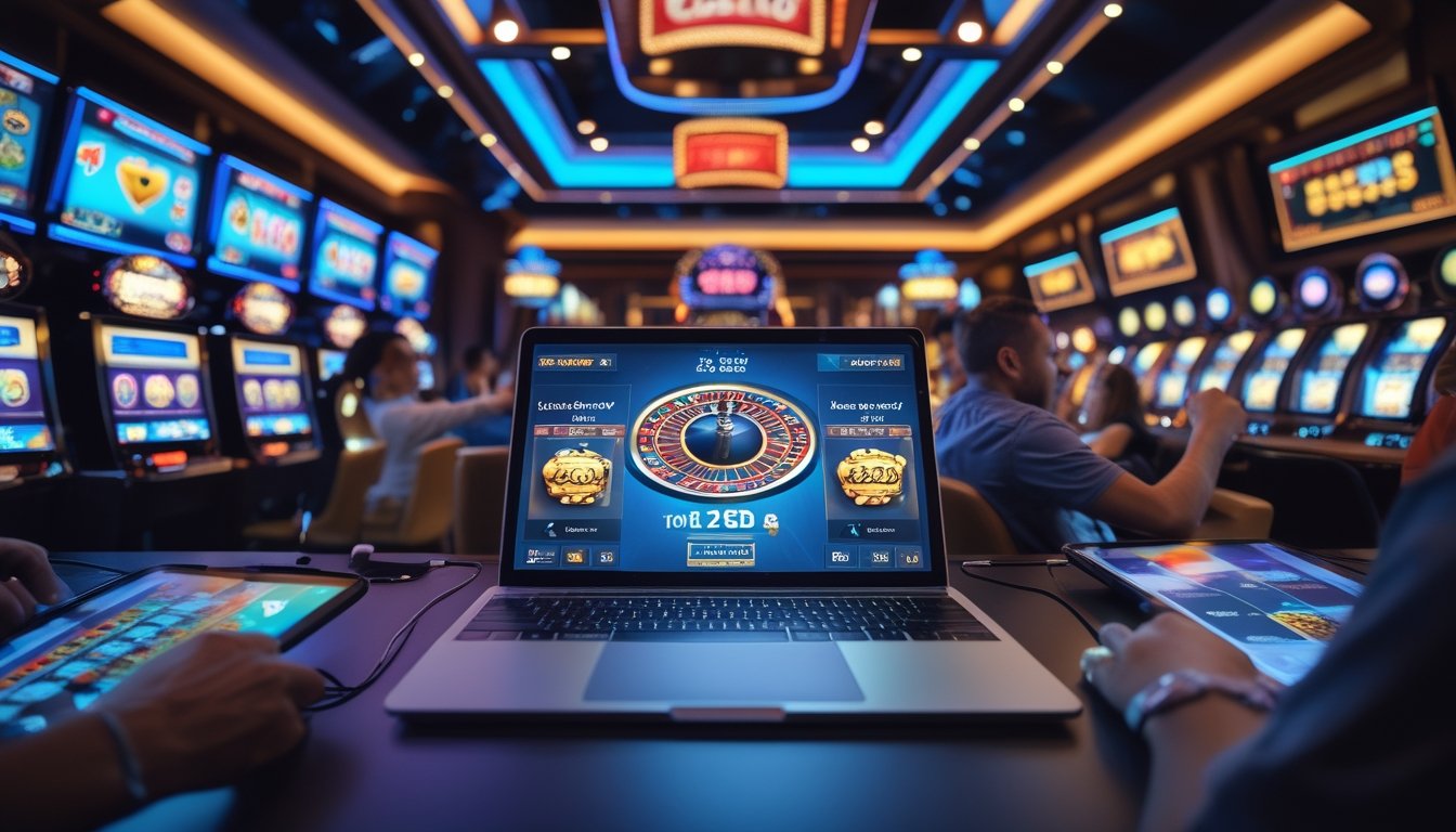 Orang-orang bermain permainan kasino online dengan berbagai perangkat di lingkungan digital yang modern dan penuh warna.