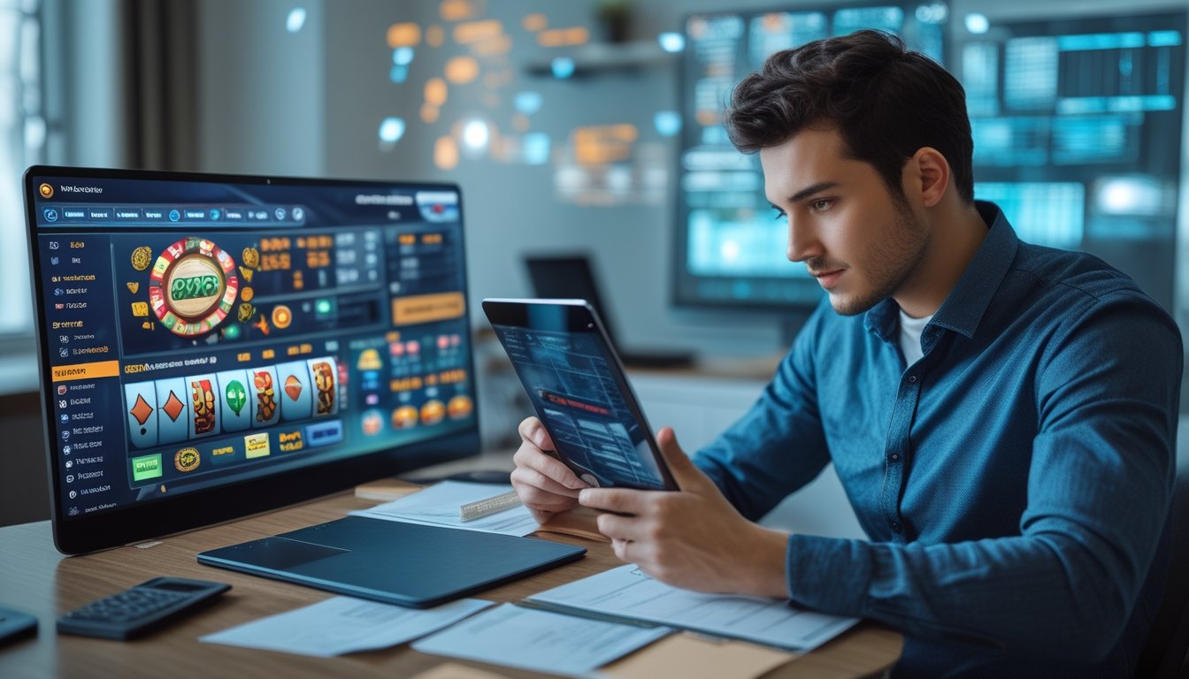 Seseorang muda sedang mengelola modal taruhan casino online di depan laptop dan tablet di ruang kerja modern.