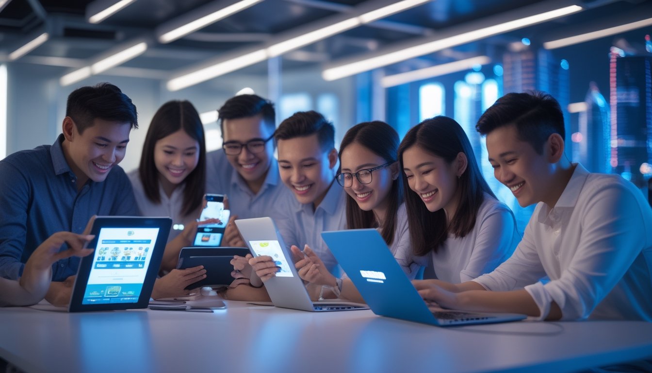 Sekelompok orang muda Indonesia menggunakan perangkat digital di ruang kerja modern dengan latar kota futuristik, menunjukkan kemudahan akses ke casino online.