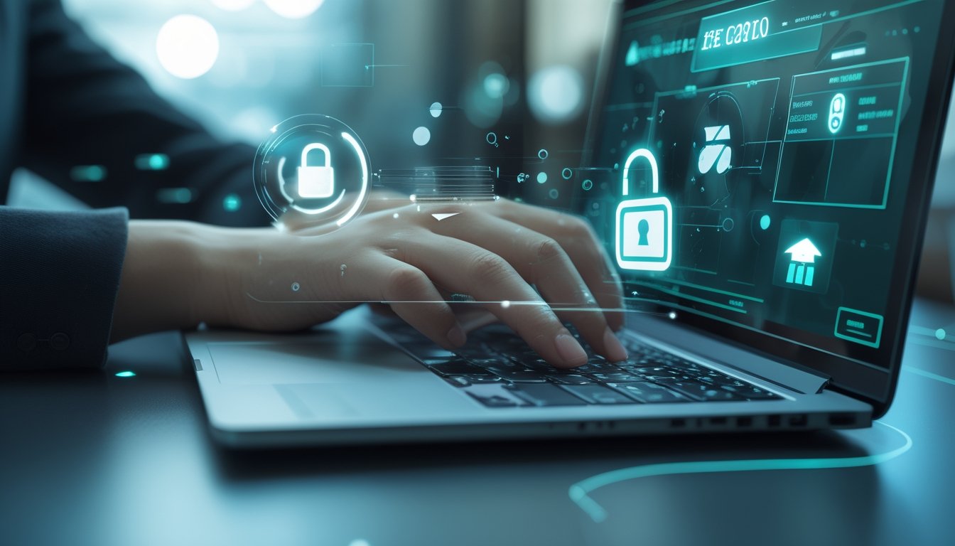 Seseorang menggunakan laptop dengan ikon gembok digital di atasnya, menandakan transaksi aman di situs casino online resmi.