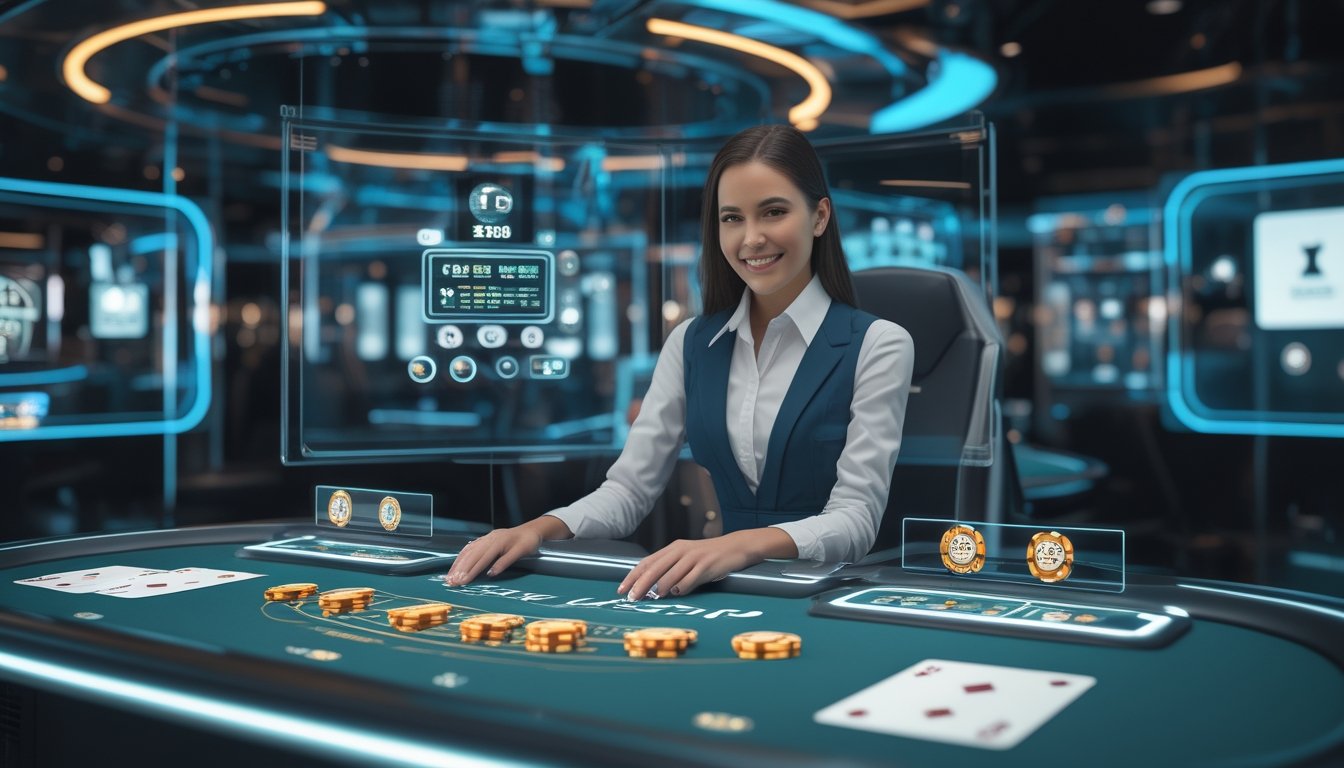 Seorang dealer casino profesional duduk di meja casino modern dengan layar digital dan perangkat teknologi canggih di sekitarnya.