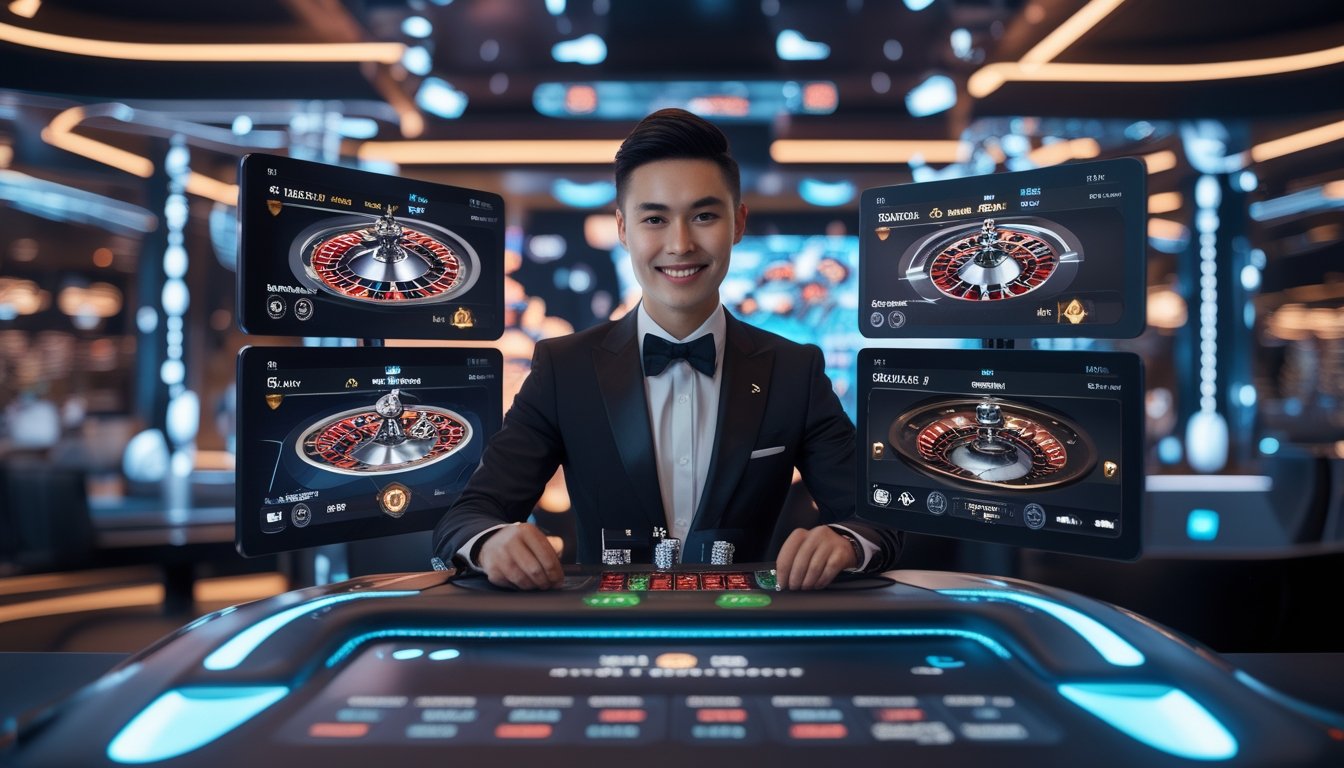 Seorang dealer kasino modern sedang menjalankan permainan live dealer dengan layar digital dan elemen teknologi canggih di latar belakang.