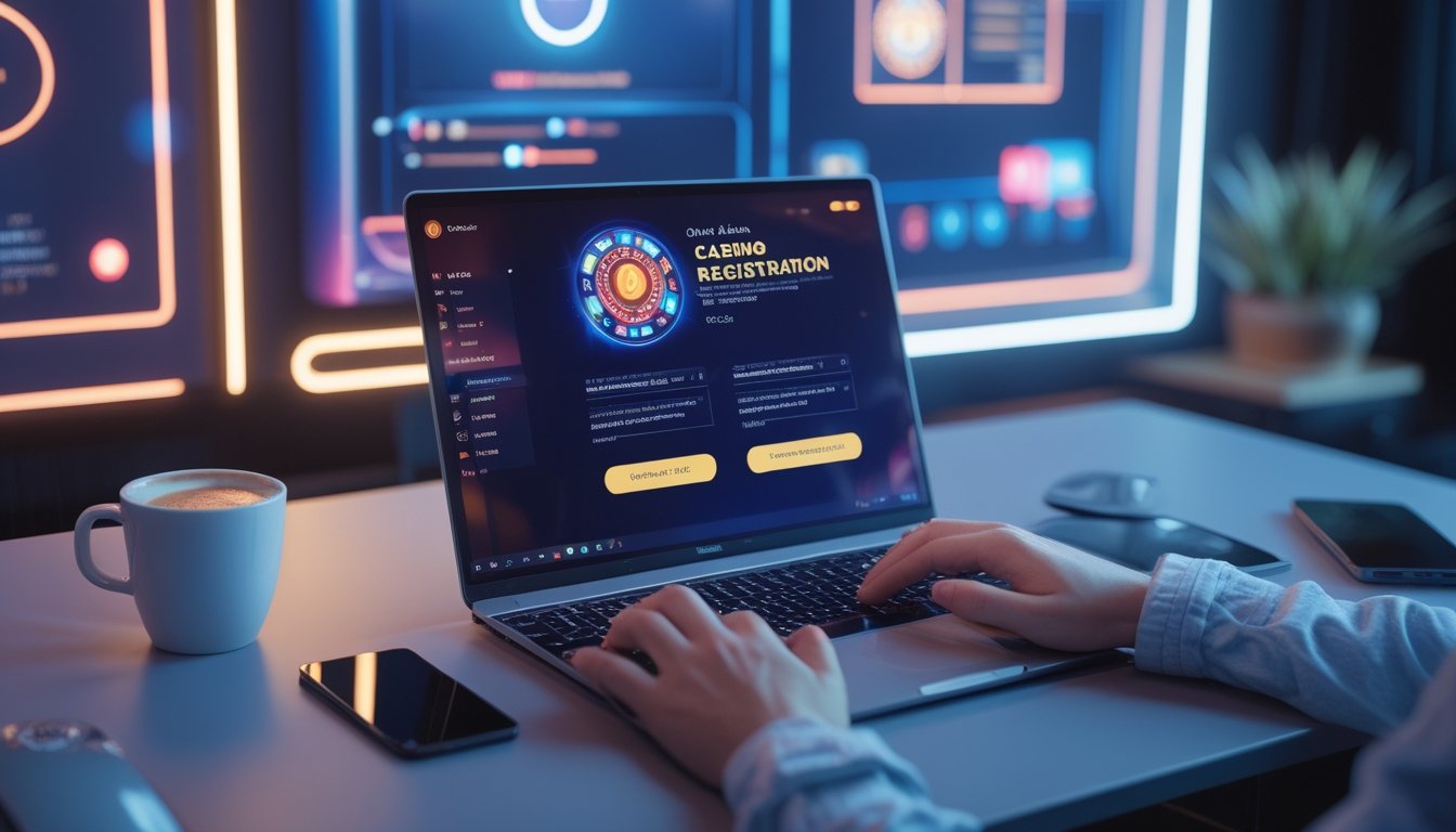Seseorang sedang menggunakan laptop di meja kerja untuk mendaftar akun di platform kasino online dengan suasana modern dan teknologi canggih.