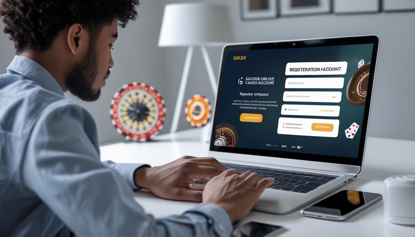 Seseorang sedang mendaftar akun di platform casino online menggunakan laptop dan ponsel di meja kerja modern dengan elemen kasino di latar belakang.