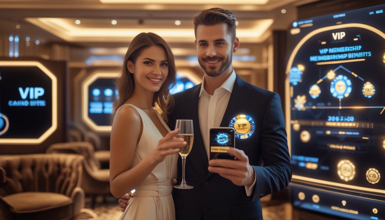 Seorang pria dan wanita berpakaian rapi duduk di lounge kasino mewah dengan suasana hangat, pria memegang ponsel yang menampilkan aplikasi kasino, wanita tersenyum sambil memegang gelas sampanye.