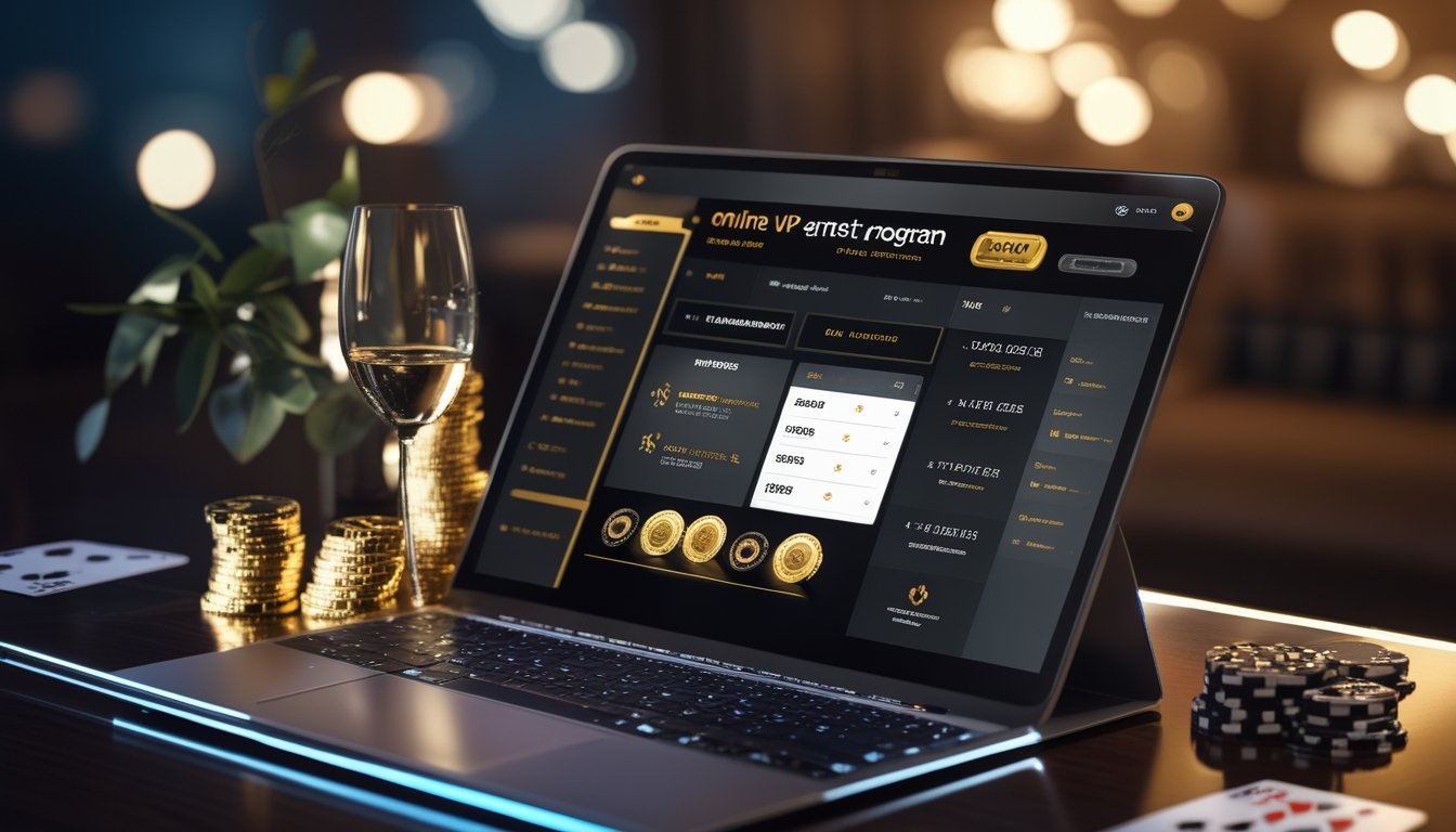 Seorang pengguna sedang melihat layar tablet dengan tampilan program VIP kasino online, dikelilingi oleh chip poker emas dan kartu remi di atas meja kayu dengan suasana hangat dan mewah.