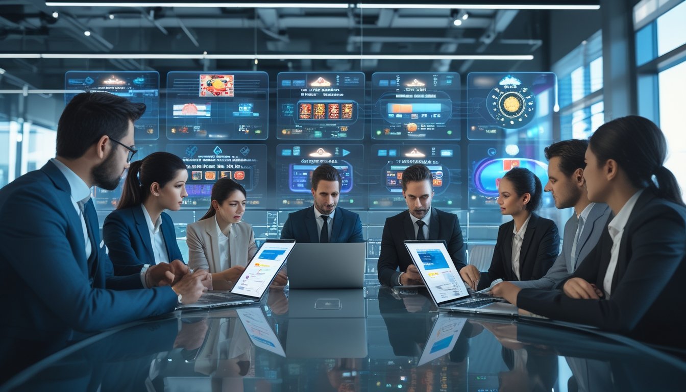 Sekelompok profesional bisnis berdiskusi di ruang kantor modern dengan layar digital menampilkan grafik dan ikon permainan kasino online.
