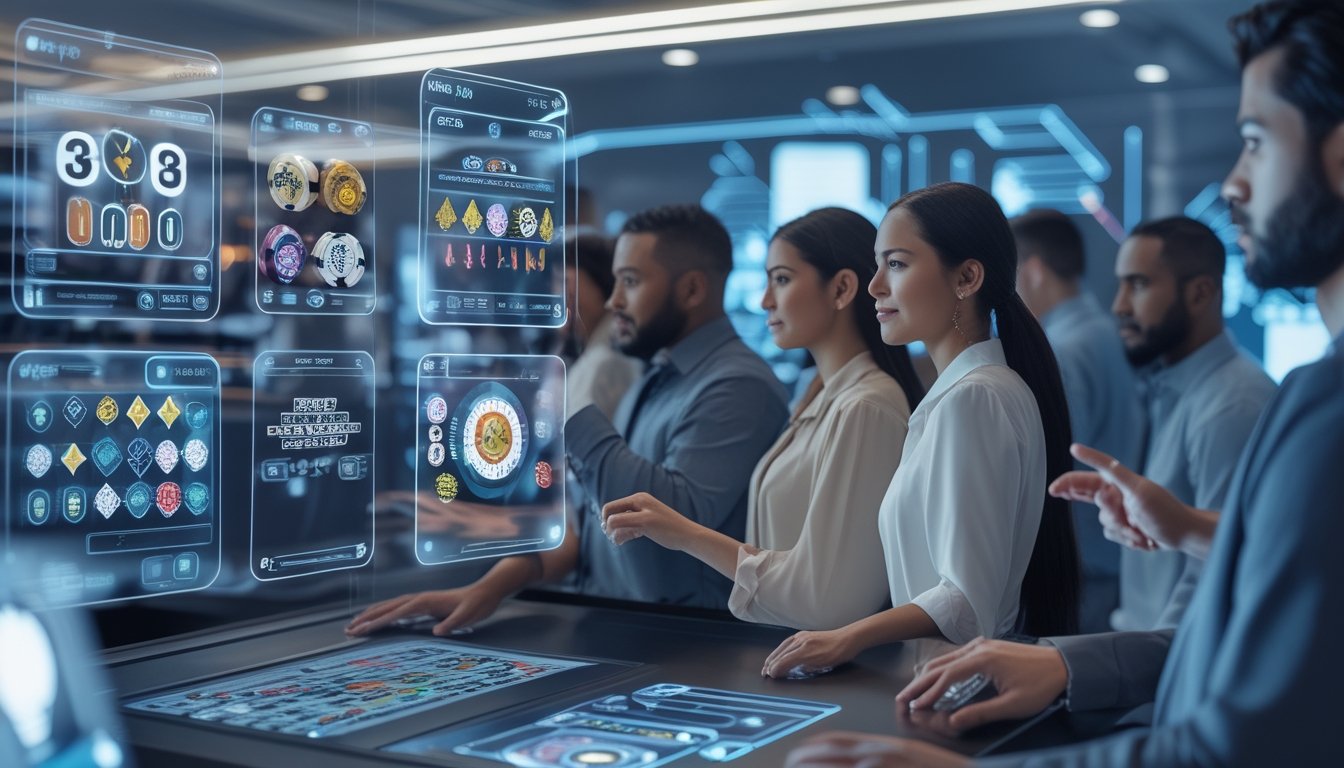 Orang-orang menggunakan teknologi canggih dengan layar holografik yang menampilkan permainan kasino online di lingkungan futuristik.