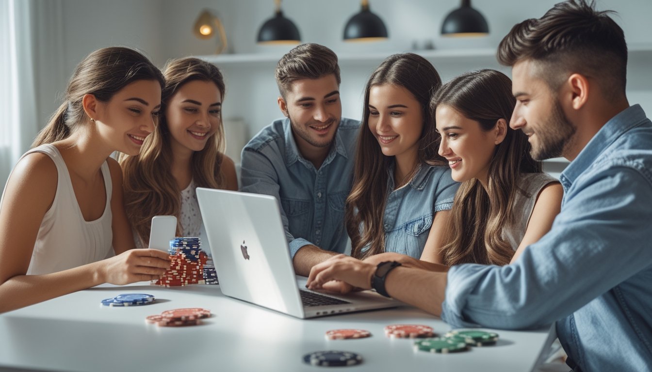 Sekelompok orang muda menggunakan laptop dan ponsel untuk bermain casino online dalam suasana yang nyaman dan aman.