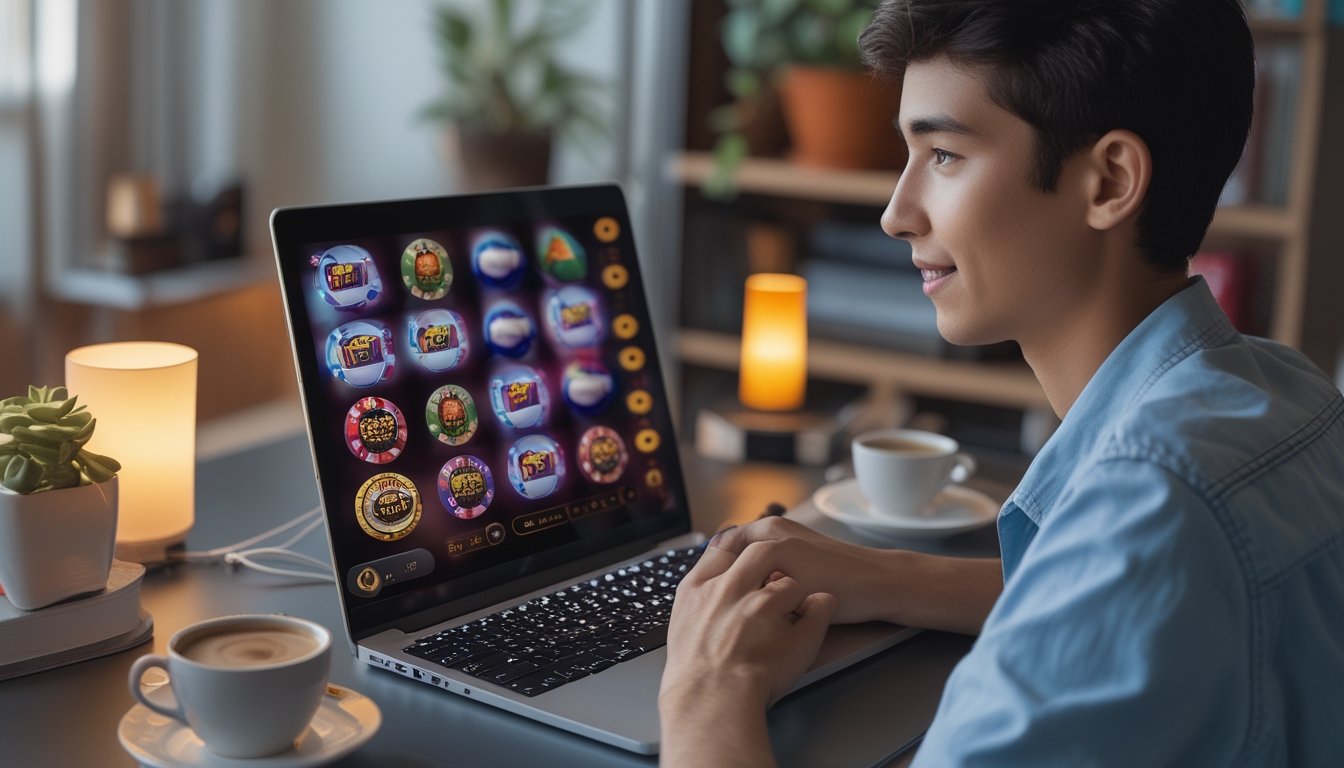 Seseorang duduk di depan laptop dengan tampilan permainan casino online, di ruangan yang nyaman dan terang.