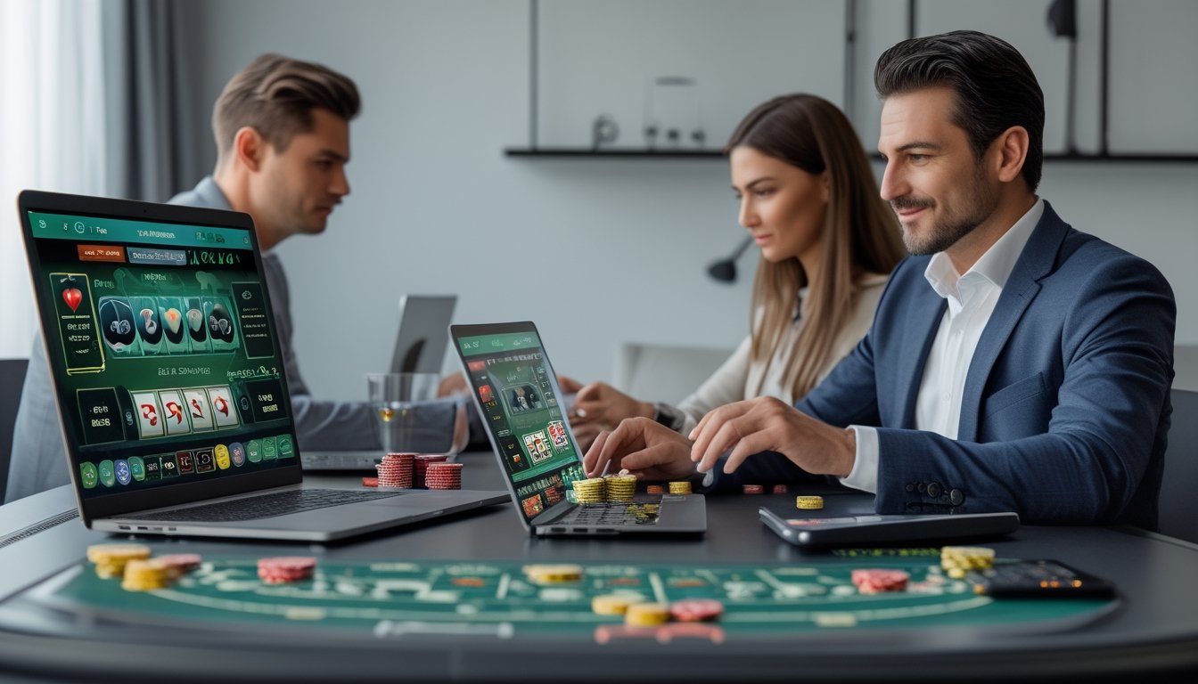 Dua orang dewasa duduk di meja dengan perangkat digital, bermain berbagai permainan kasino online dengan ekspresi fokus dan suasana tenang.