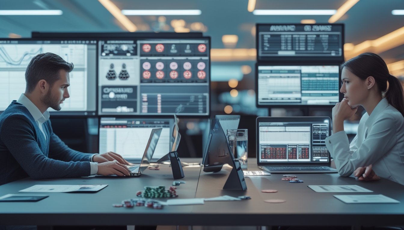 Dua orang dewasa sedang duduk di meja dengan perangkat digital yang menampilkan permainan casino online, sambil menganalisis data dan dokumen keuangan.