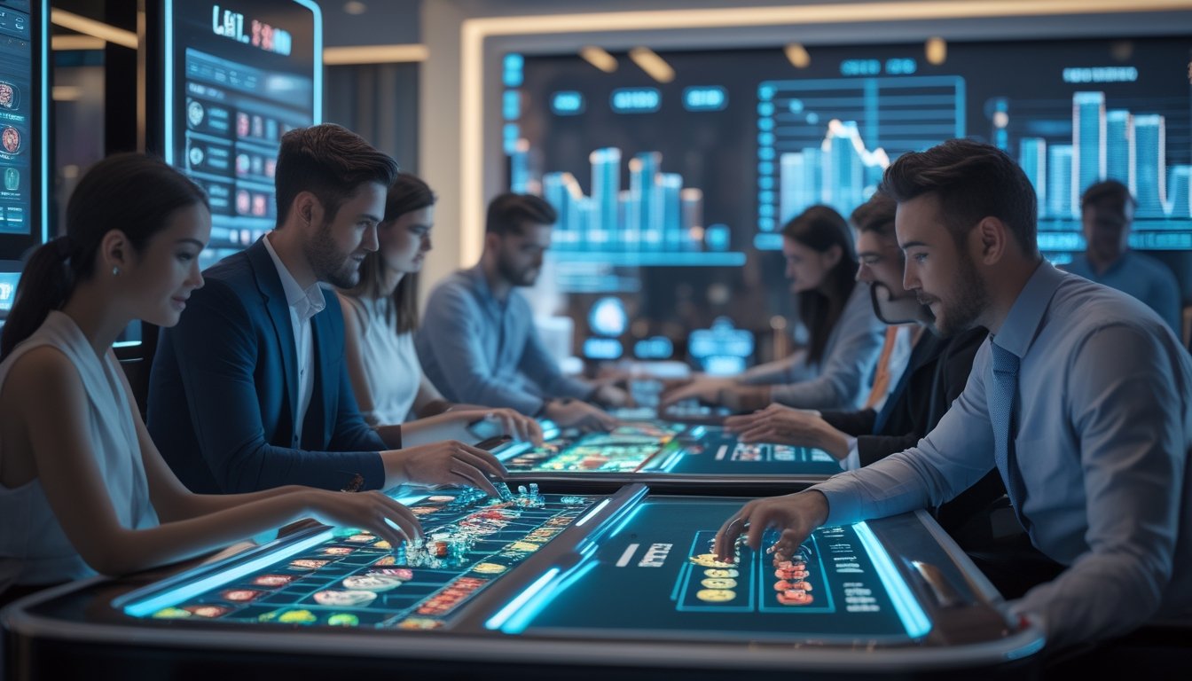 Suasana kasino modern dengan pemain yang sedang bermain berbagai permainan kasino online menggunakan layar sentuh dan grafik kemenangan di latar belakang.