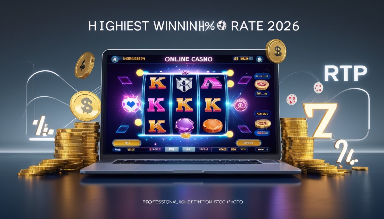 Sebuah perangkat komputer menampilkan permainan kasino online dengan koin emas dan tumpukan chip poker di sekitarnya.
