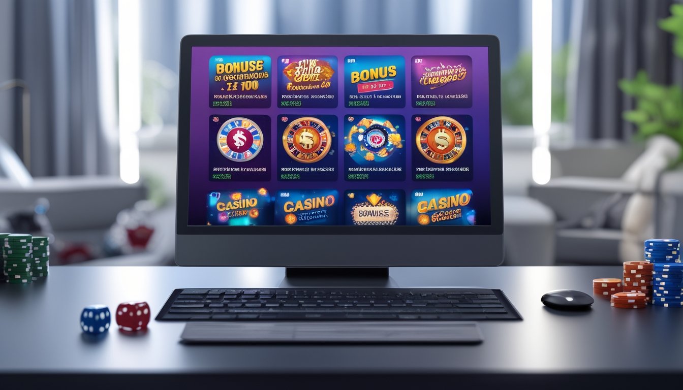 Sebuah komputer dengan layar menampilkan situs casino online dengan ikon bonus dan promosi, dikelilingi oleh chip poker, kartu remi, dan dadu di atas meja.
